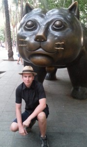 Juraj in front of the big cat in Barcelona