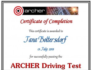 My certificate for passing the ARCHER Driving Test