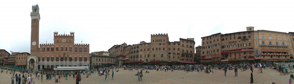 Panoramic view of Piazza del Campo prepared for the Palio horse races.