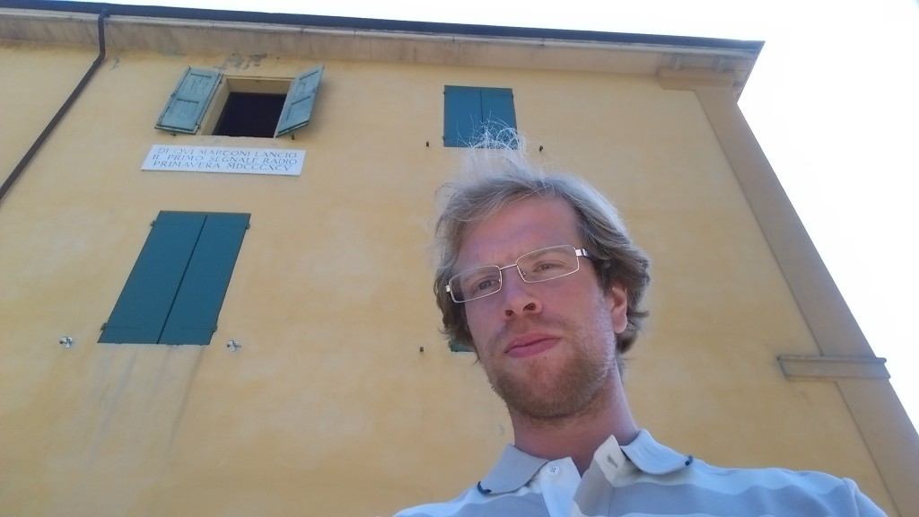 Me under the window of Villa Griffone in Sasso Marconi from where first wireless telecommunication signal was sent.